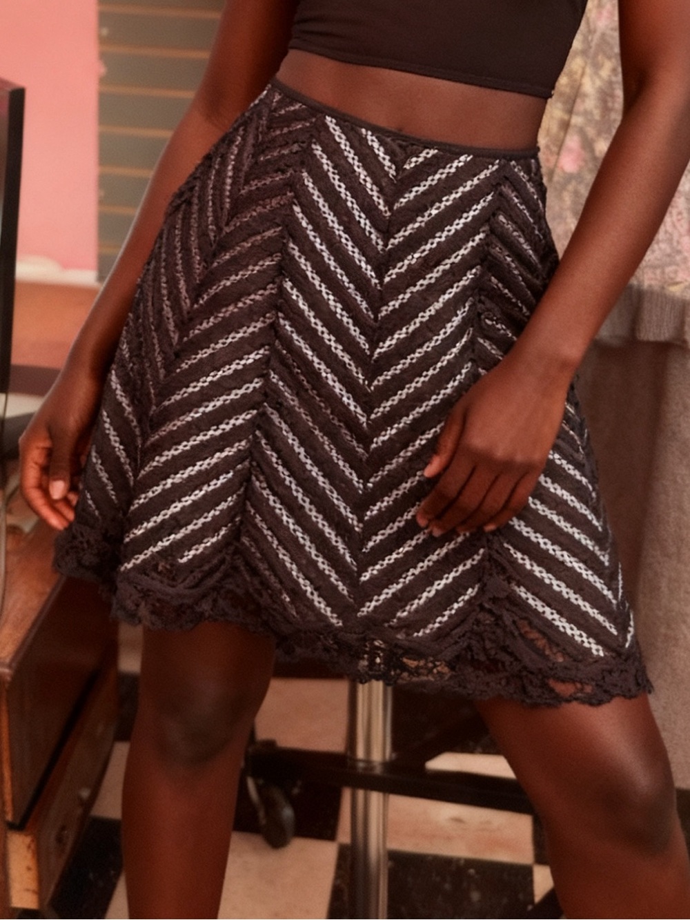 Worthington Black Chevron Lace Skater Skirt